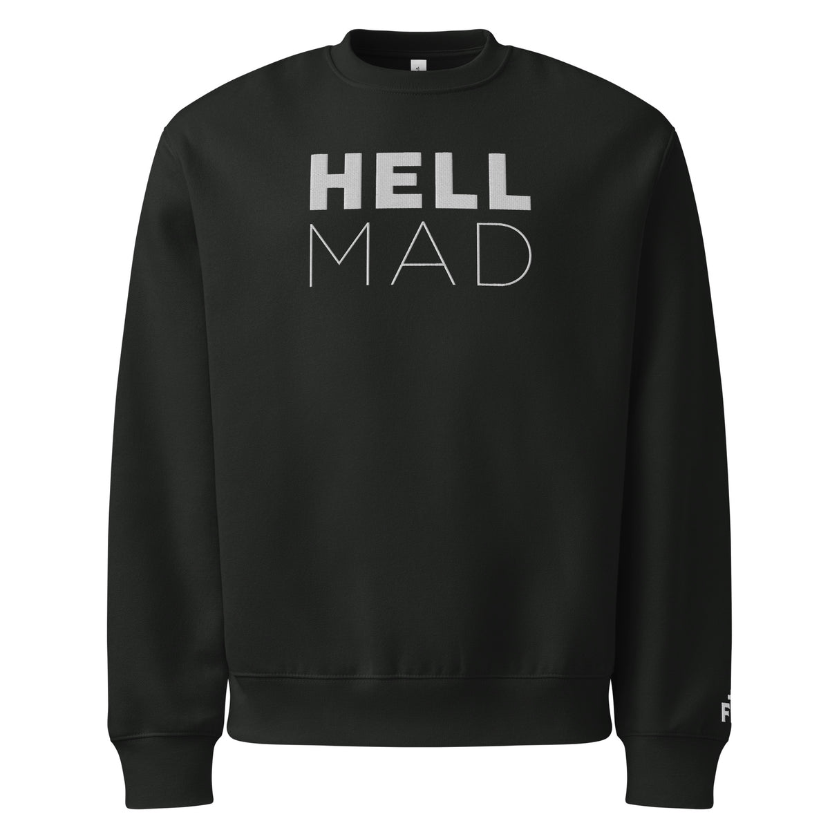 Black sweatshirt with 'HELL MAD' text on a white background