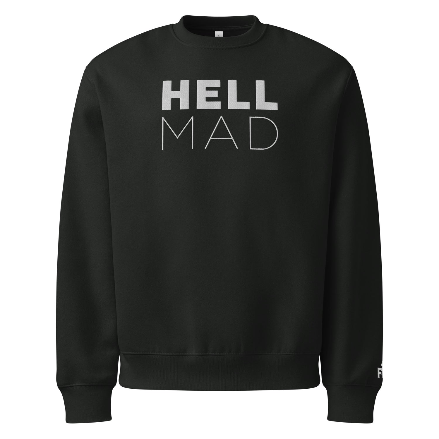 Black sweatshirt with 'HELL MAD' text on a white background