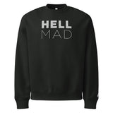 Black sweatshirt with 'HELL MAD' text on a white background