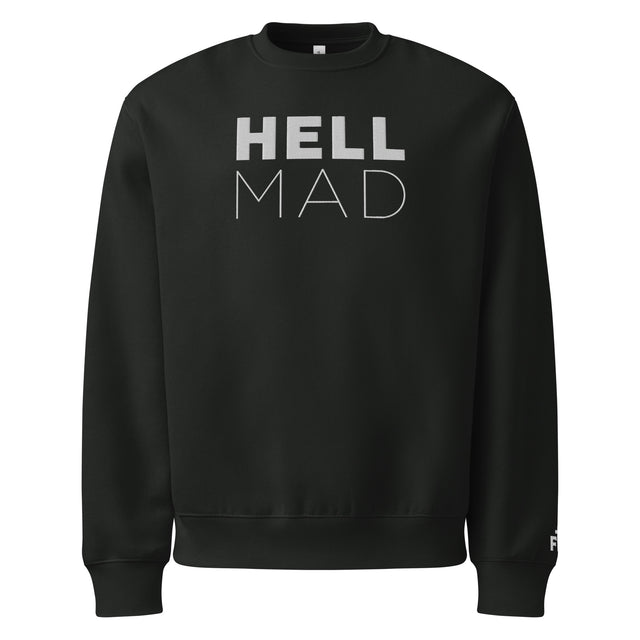 Black sweatshirt with 'HELL MAD' text on a white background