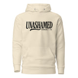 An off-white hooded sweatshirt with a black graphic print on the chest reading 'UNASHAMED' and 'ROMANS 1:16' below it, shown against a plain white background.