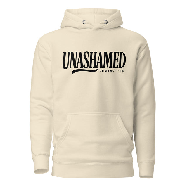 An off-white hooded sweatshirt with a black graphic print on the chest reading 'UNASHAMED' and 'ROMANS 1:16' below it, shown against a plain white background.