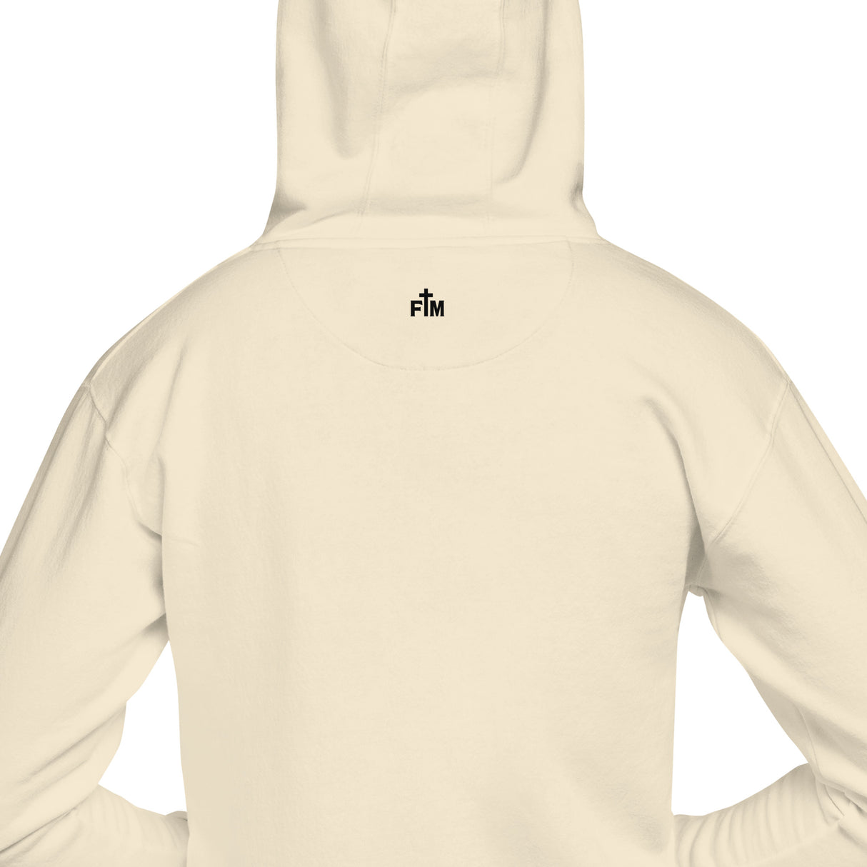 Back view of a cream-colored hoodie with a small black 'FM' logo printed on the upper neck, shown on a plain white background.