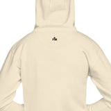 Back view of a cream-colored hoodie with a small black 'FM' logo printed on the upper neck, shown on a plain white background.