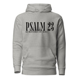 A light heather gray pullover hoodie with a black graphic print on the chest reading 'PSALM 23 HE RESTORES MY SOUL', shown against a plain white background.