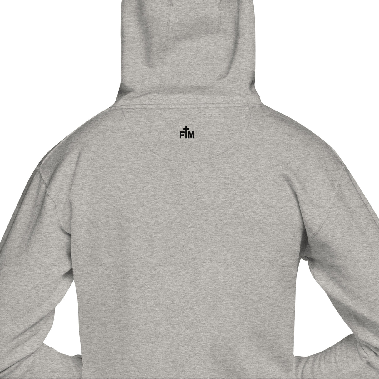 Gray hoodie with a small logo on the back against a white background