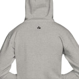 Gray hoodie with a small logo on the back against a white background