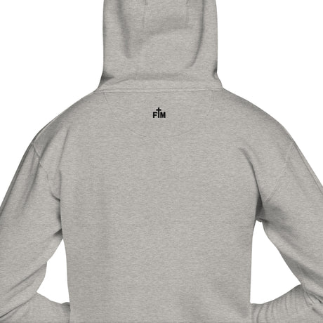 Gray hoodie with a small logo on the back against a white background