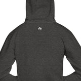 Black hoodie with a logo on the back against a white background