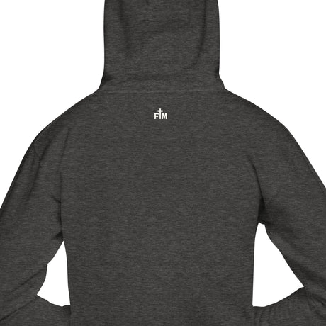 Black hoodie with a logo on the back against a white background