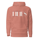 Mauve Hoodie with "Consider The Lilies, Matthew 6:28" printed in cream white and burgundy