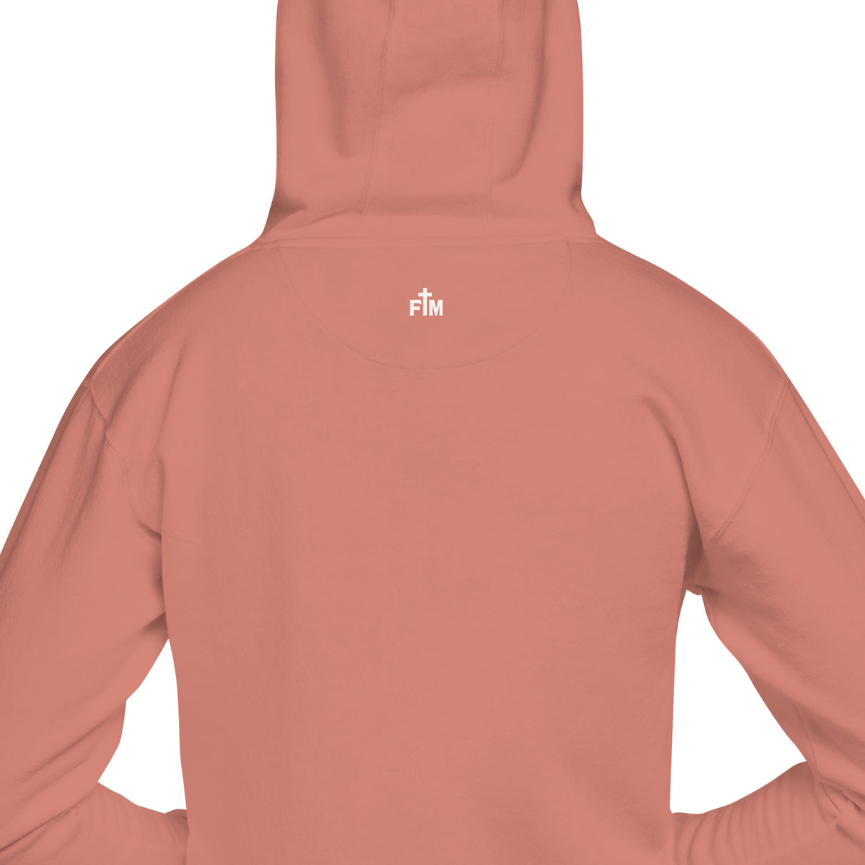 A close-up of the back of a hooded sweatshirt in a muted salmon or dusty rose color, featuring a small white 'FM' logo with a cross above the neck, set against a plain white background.