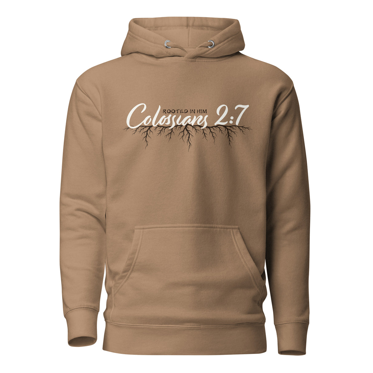 A tan pullover hoodie with a front kangaroo pocket and a chest graphic that reads 'ROOTED IN HIM Colossians 2:7' above a tree branch design, shown on a plain white background.