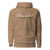 A tan pullover hoodie with a front kangaroo pocket and a chest graphic that reads 'ROOTED IN HIM Colossians 2:7' above a tree branch design, shown on a plain white background.