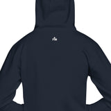 Navy hoodie with a small white Faith Mode logo on the back against a white background
