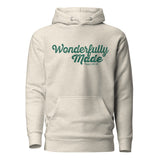 A light heather gray pullover hoodie with a front kangaroo pocket and drawstring hood, featuring the text 'Wonderfully Made' and 'Psalm 139:14' printed in teal on the chest.