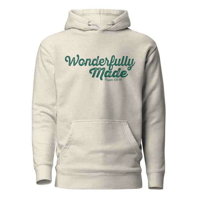 A light heather gray pullover hoodie with a front kangaroo pocket and drawstring hood, featuring the text 'Wonderfully Made' and 'Psalm 139:14' printed in teal on the chest.