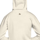 Back view of an off-white hooded sweatshirt with a small black 'FM' logo printed on the upper neck, shown on a plain white background.