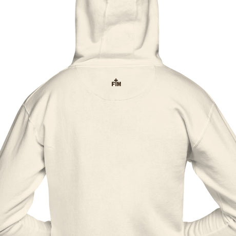 Back view of an off-white hooded sweatshirt with a small black 'FM' logo printed on the upper neck, shown on a plain white background.