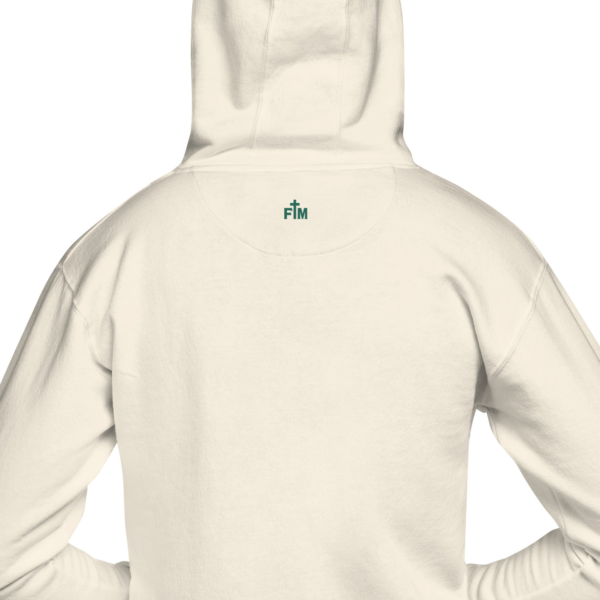 Back view of an off-white hooded sweatshirt with a small dark teal 'FM' logo printed on the upper neck, shown on a plain white background.