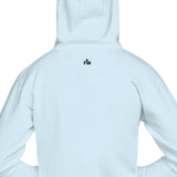 A light blue hooded sweatshirt shown from the back, featuring a small black 'FM' logo with a cross on the upper center back, set against a plain white background.