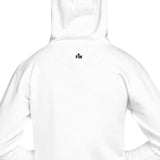 White hoodie with 'FM' Faith Mode branding on a white background