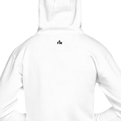 White hoodie with 'FM' Faith Mode branding on a white background