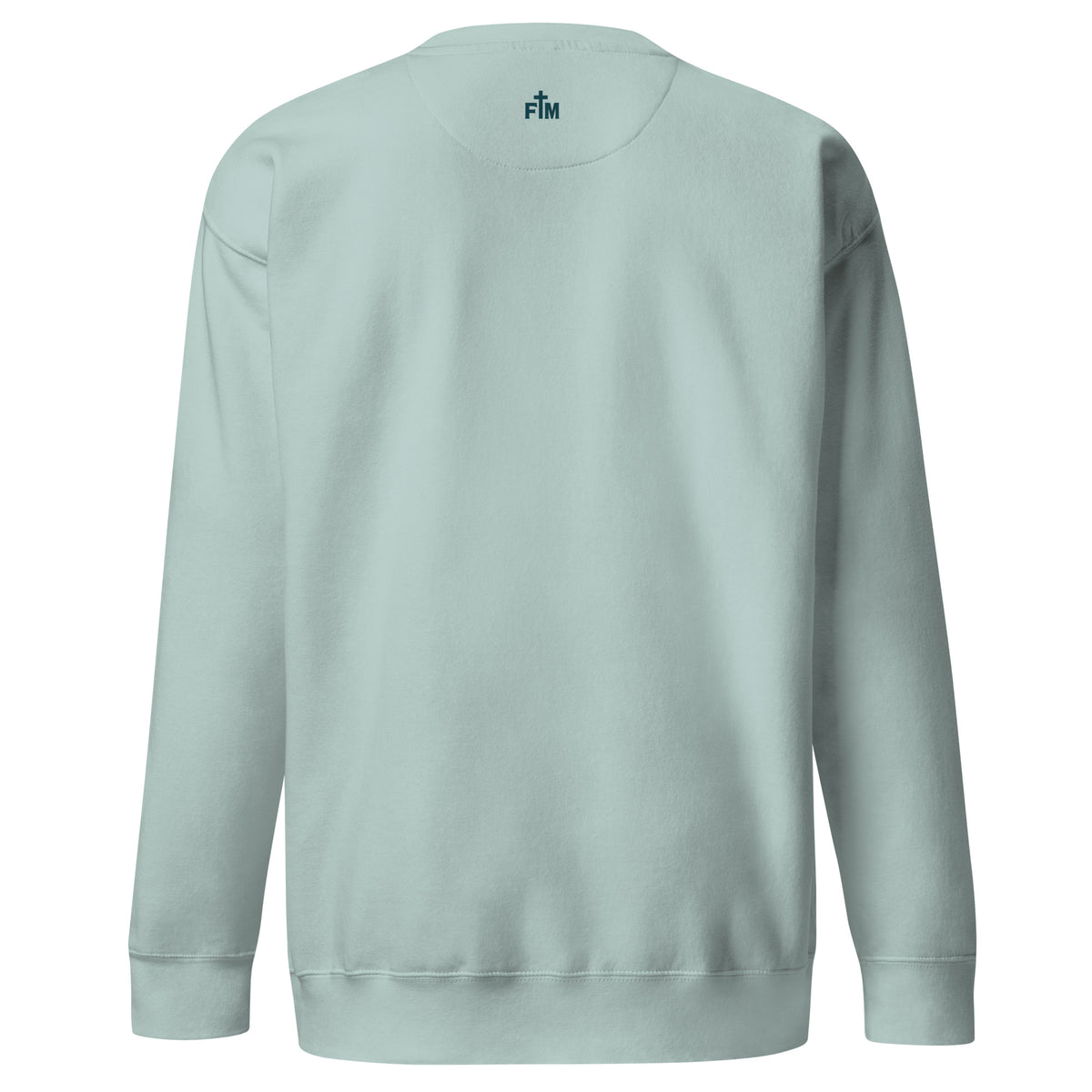Small teal Faith Mode logo on the upper back of an agave long sleeve sweatshirt
