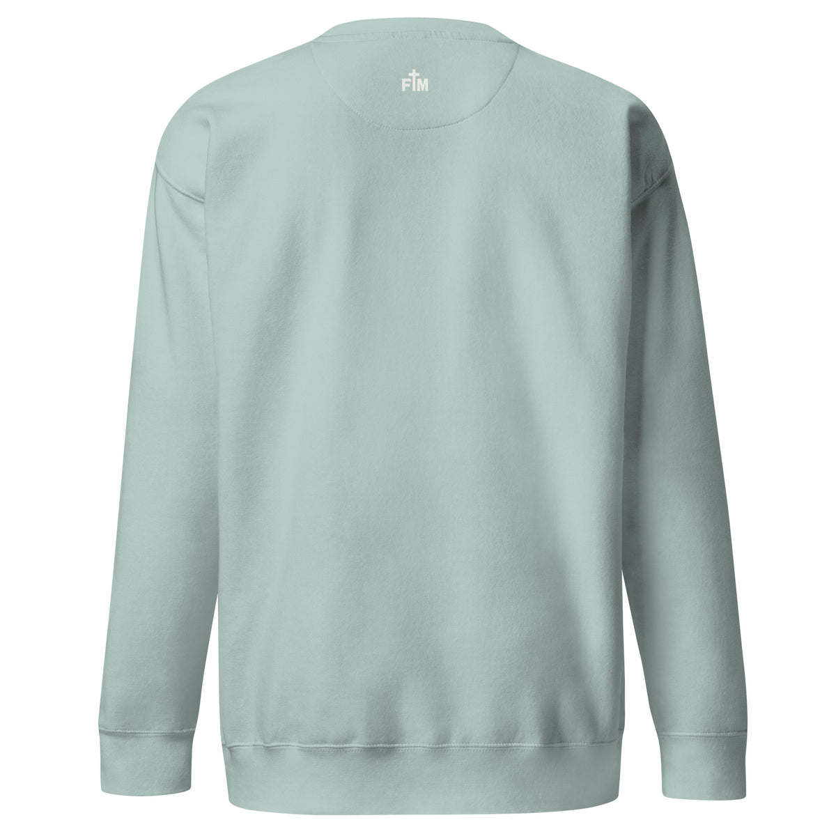 Small cream white Faith Mode logo on the upper back neck of an Agave colored unisex sweatshirt