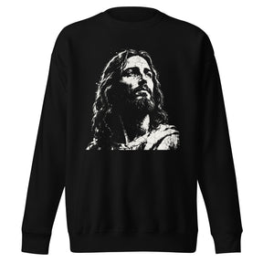 Black unisex sweatshirt featuring a large distressed cream-white artistic portrait of Jesus looking upward.
