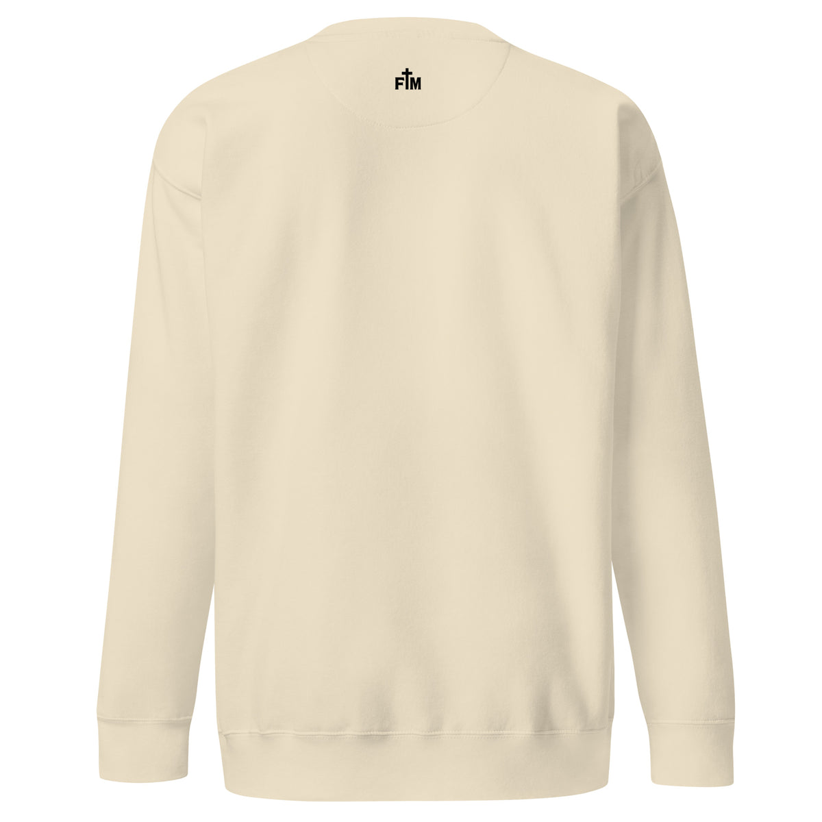 Small black Faith Mode logo printed on the upper back of a bone-colored sweatshirt