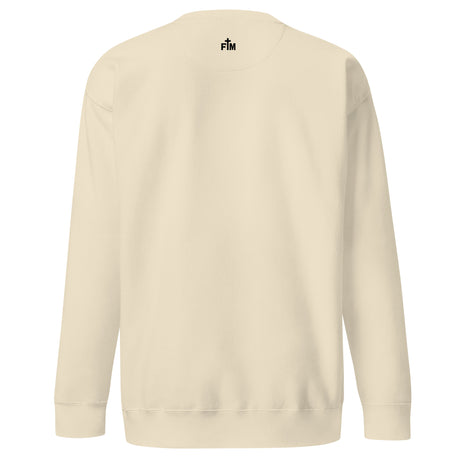 Small black Faith Mode logo printed on the upper back of a bone-colored sweatshirt