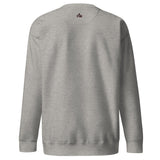 A small Maroon Faith Mode logo printed on a the upper back of a long sleeve carbon grey sweatshirt