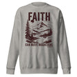 "Faith Can Move Mountains, Matthew 17:20" in maroon lettering against a carbon grey long sleeve sweatshirt