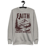 "Faith Can Move Mountains, Matthew 17:20" in maroon lettering against a carbon grey long sleeve sweatshirt, hanger view