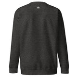 Small cream white Faith Mode logo on the back of a charcoal grey sweatshirt