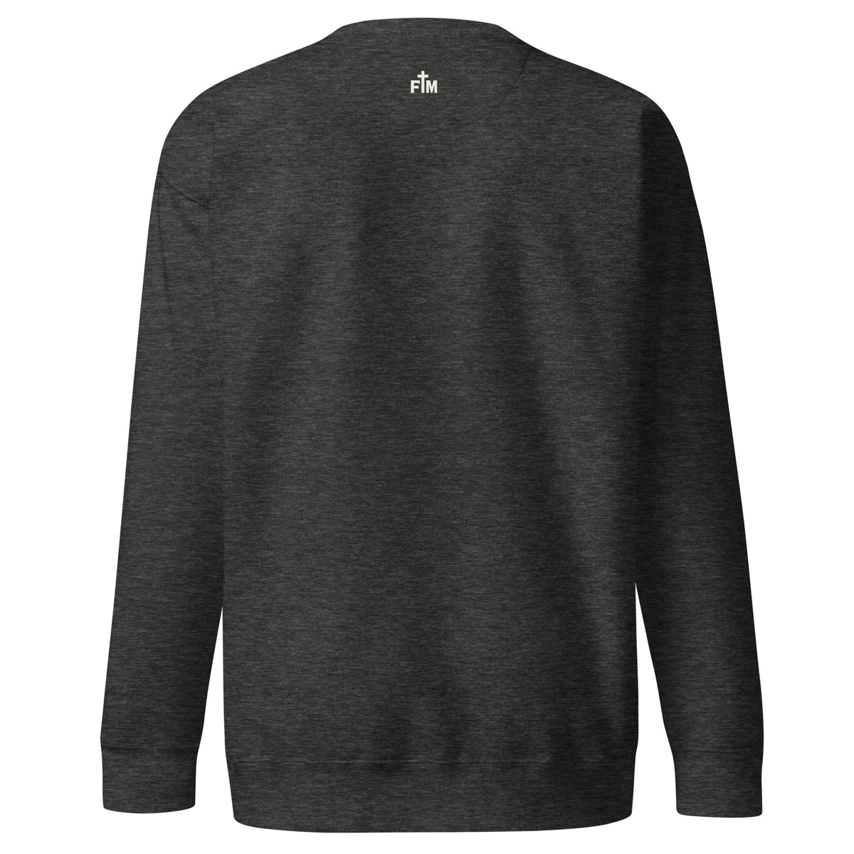 Small Faith Mode logo in cream white on a charcoal grey sweatshirt
