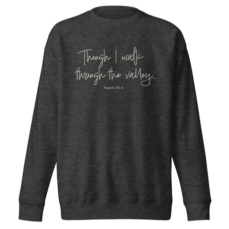 "Though I walk through the valley, psalm 23:4" written in a cream white cursive font on a charcoal grey sweatshirt