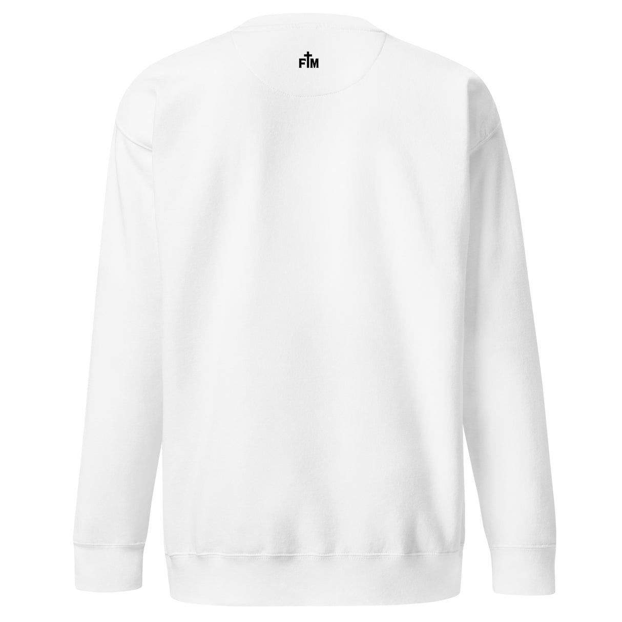 Small black Faith Mode logo on upper back of a white sweatshirt