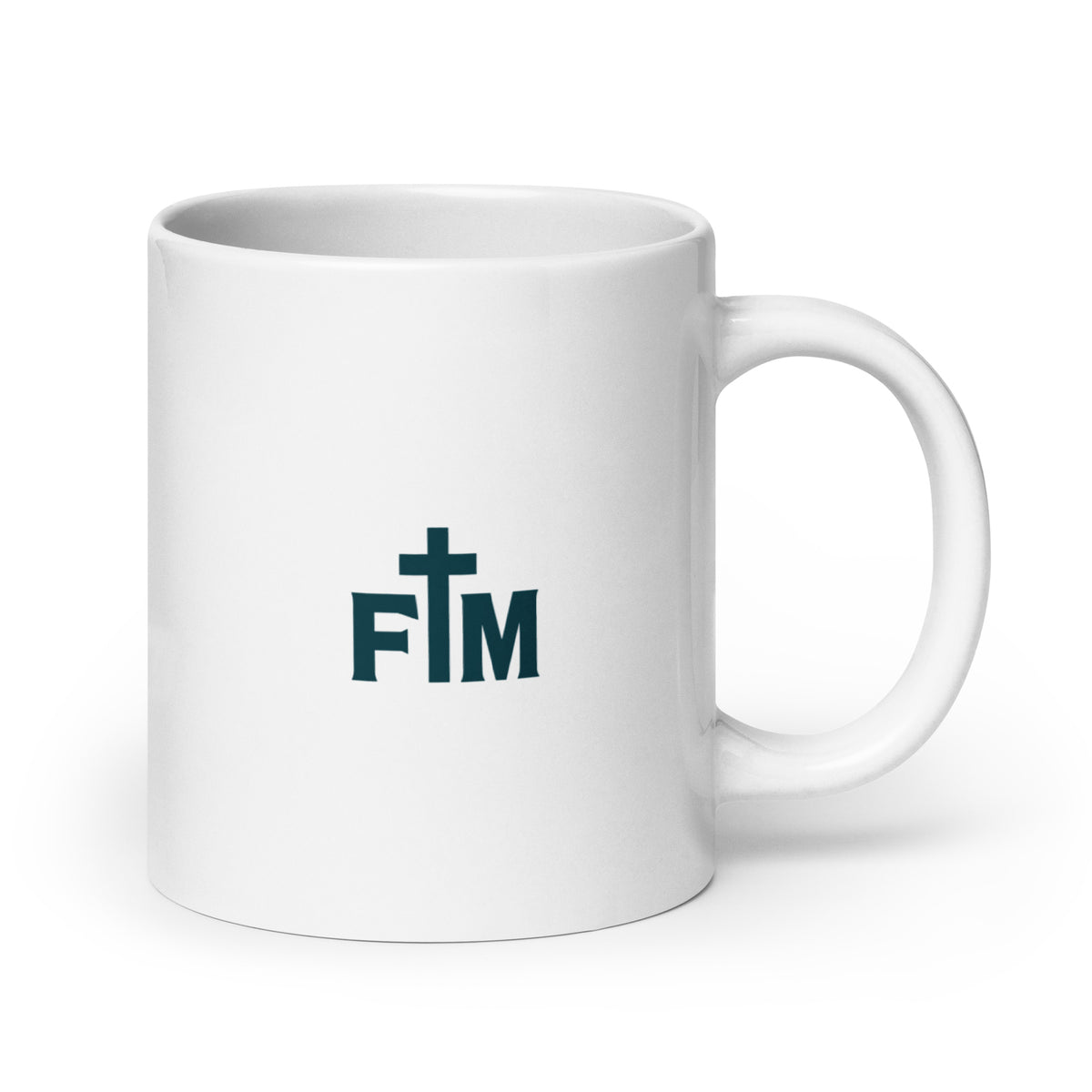 A white ceramic coffee mug with a dark teal 'FM' Faith Mode logo featuring a cross on the front, set against a plain white background.