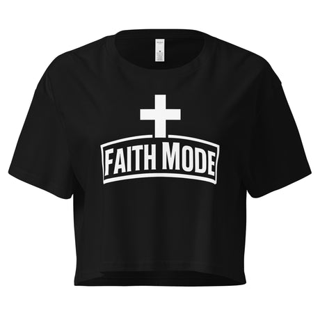 Black t-shirt with 'FAITH MODE' text and cross on a white background