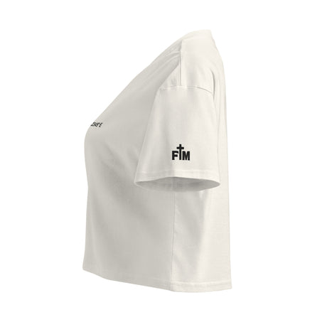 White t-shirt with a logo on a white background