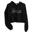 "But First Jesus, Matthew 6:33" in white lettering on a black crop hoodie