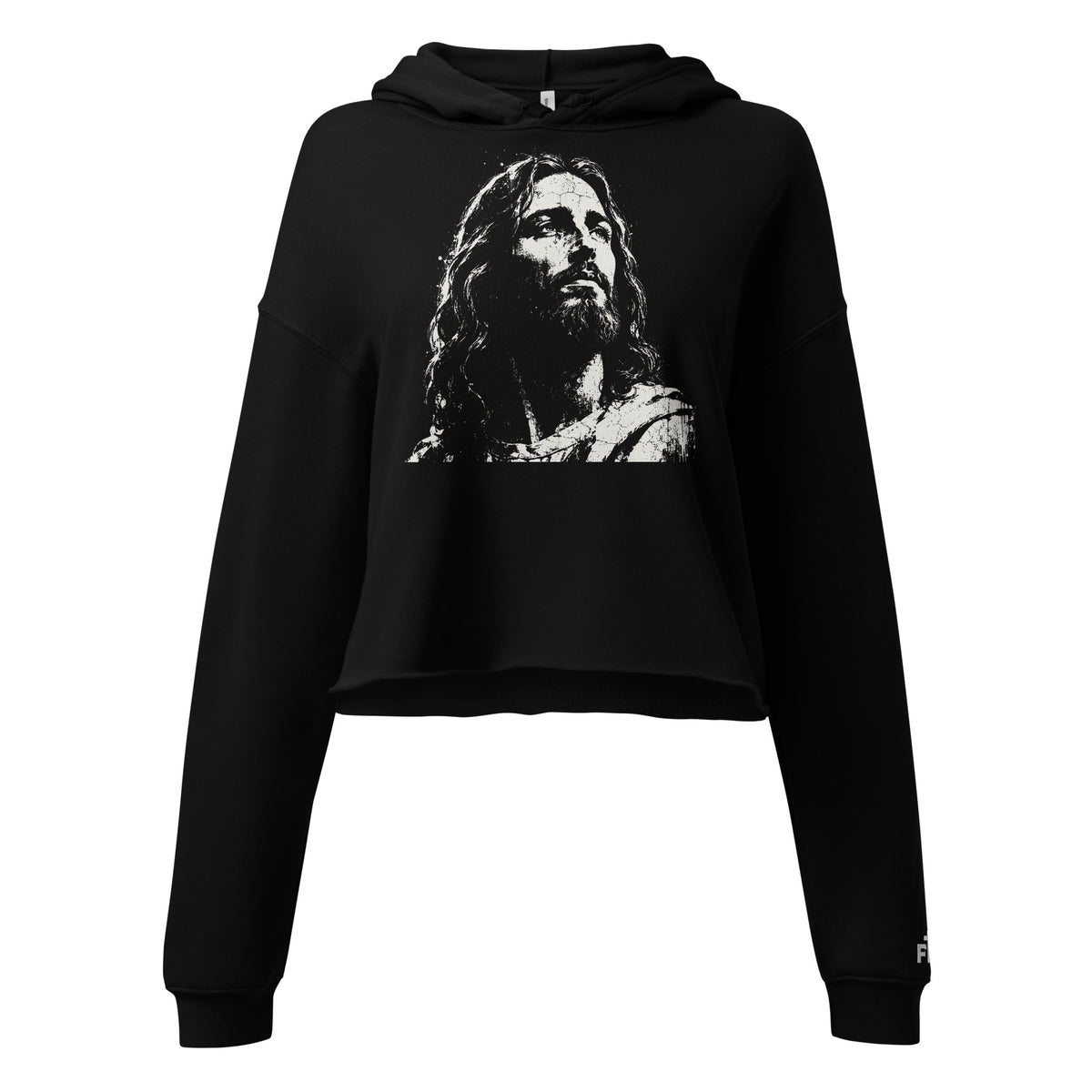 Front view of a black women’s crop hoodie with a black-and-white artistic depiction of Jesus on the chest, a drawstring hood, and long sleeves.