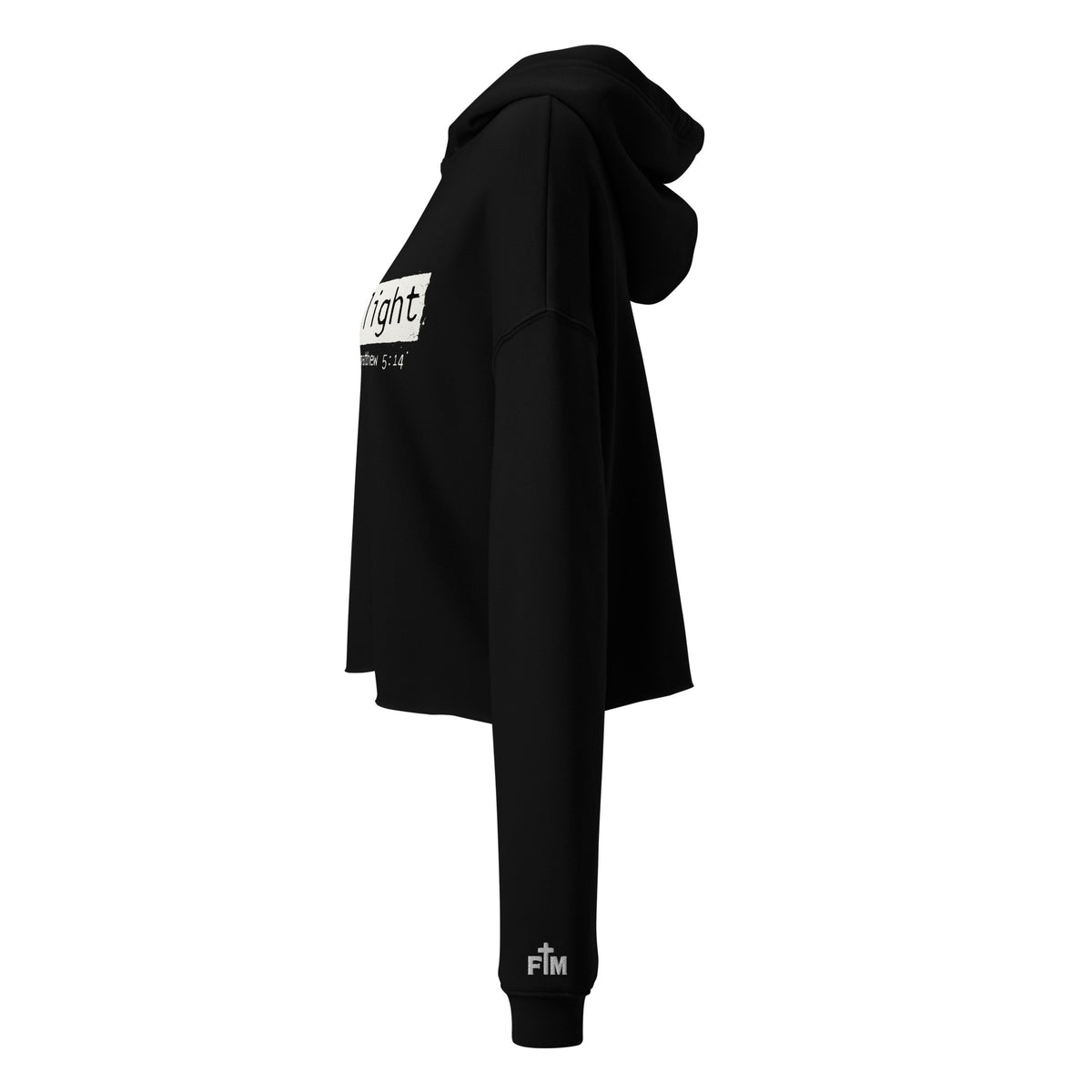 Faith Mode logo embroidered in white stitching on the left sleeve of a black crop hoodie