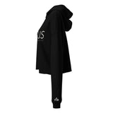 Side View black crop hoodie with small white Faith Mode logo on left wrist