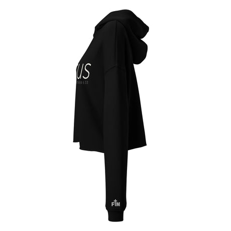 Side View black crop hoodie with small white Faith Mode logo on left wrist