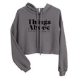 Front view of a Storm gray women’s crop hoodie with black “Things Above” lettering, “set your minds on,” and Colossians 3:2 on the chest.