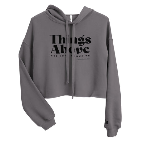 Front view of a Storm gray women’s crop hoodie with black “Things Above” lettering, “set your minds on,” and Colossians 3:2 on the chest.
