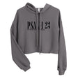 Front view of a Storm gray women’s crop hoodie with black “Psalm 23” lettering and “He Restores My Soul” beneath it, a drawstring hood, and long sleeves.